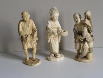 okimono ivoor 3 stuks boer-visser- geisha  beschikbaar voor biedingen