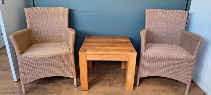 2 wicker fauteuils met teak tafeltje, Huis en Inrichting, Fauteuils, Gebruikt, 50 tot 75 cm, Minder dan 75 cm, Ophalen