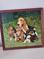 Vintage gesigneerd olieverf schilderij Basset honden, Schilderij, Ophalen of Verzenden, Zo goed als nieuw
