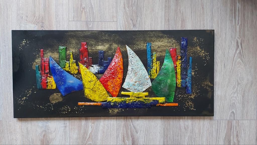 Emaille 3D kunstwerk zeilen en wolkenkrabbers 80x35 cm, Ophalen, Overige typen, Zo goed als nieuw, 75 tot 100 cm