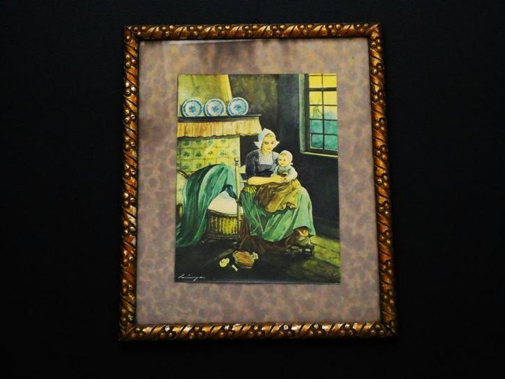Originele nostalgische prent moeder en kind in oude lijst, Antiek en Kunst, Curiosa en Brocante, Ophalen of Verzenden