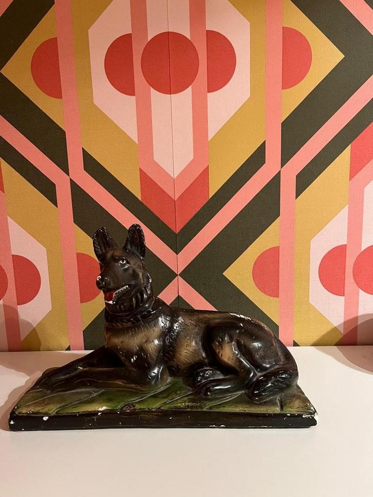 Vintage Herdershond Beeld - Gips, Tuin en Terras, Tuinbeelden, Gebruikt, Dierenbeeld, Overige materialen, Ophalen of Verzenden