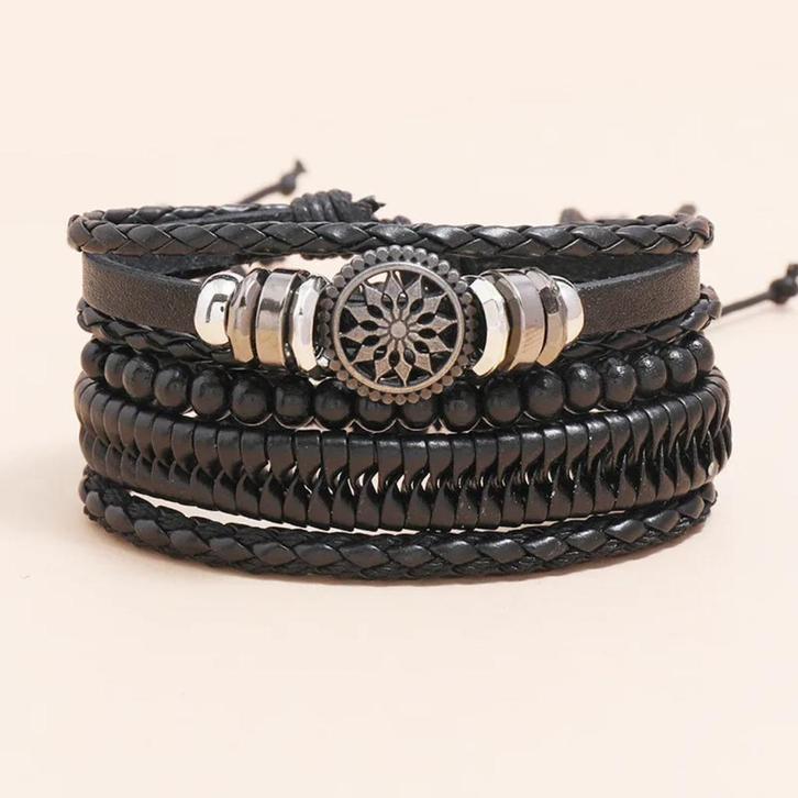 Set Van 5 Zwarte Heren Armbanden, Sieraden, Tassen en Uiterlijk, Armbanden, Nieuw, Leer, Zwart, Verzenden