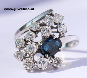 18 kt gouden ring 1 ct diamanten briljant saffier beschikbaar voor biedingen