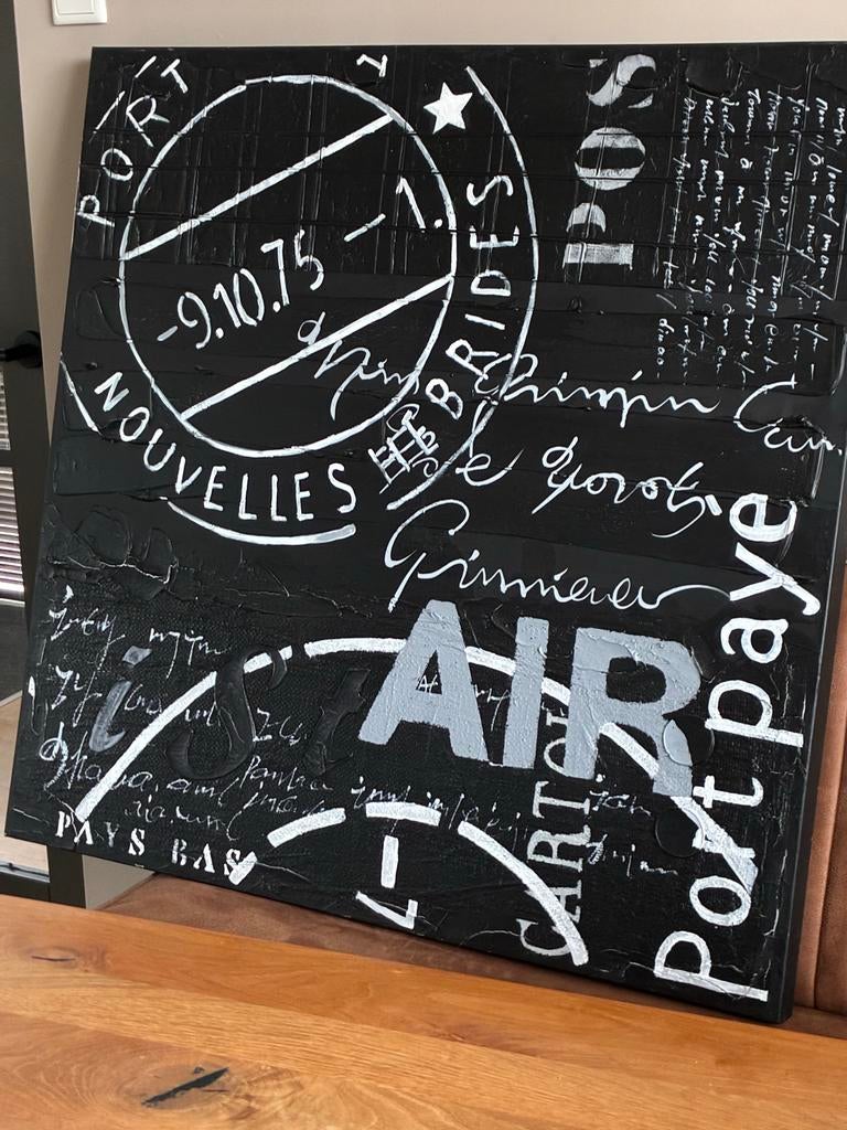 Zwart schilderij met poststempel motief, Antiek en Kunst, Kunst | Schilderijen | Modern, Ophalen