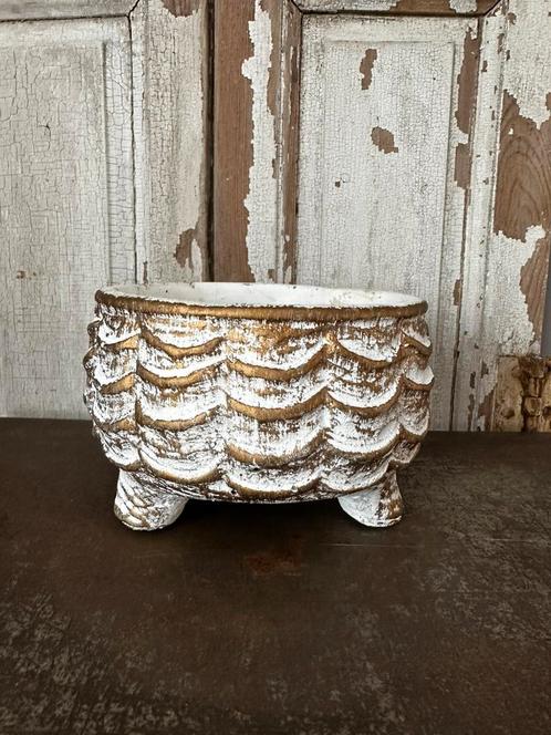 Vintage/retro bloempot op pootjes in wit en goud, Antiek en Kunst, Curiosa en Brocante, Ophalen of Verzenden