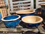 Schalenset 3 bloempotten  blauwgeglazuurd, Tuin en Terras, Bloempotten, Gebruikt, Rond, Aardewerk, Ophalen