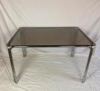 Seventies chromen rookglazen eettafel, Ophalen, Gebruikt, 100 tot 150 cm, 50 tot 100 cm