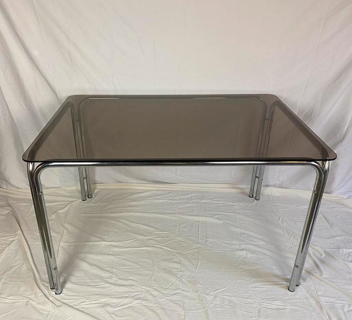 Seventies chromen rookglazen eettafel, Huis en Inrichting, Tafels | Eettafels, Gebruikt, 50 tot 100 cm, 100 tot 150 cm, Rechthoekig
