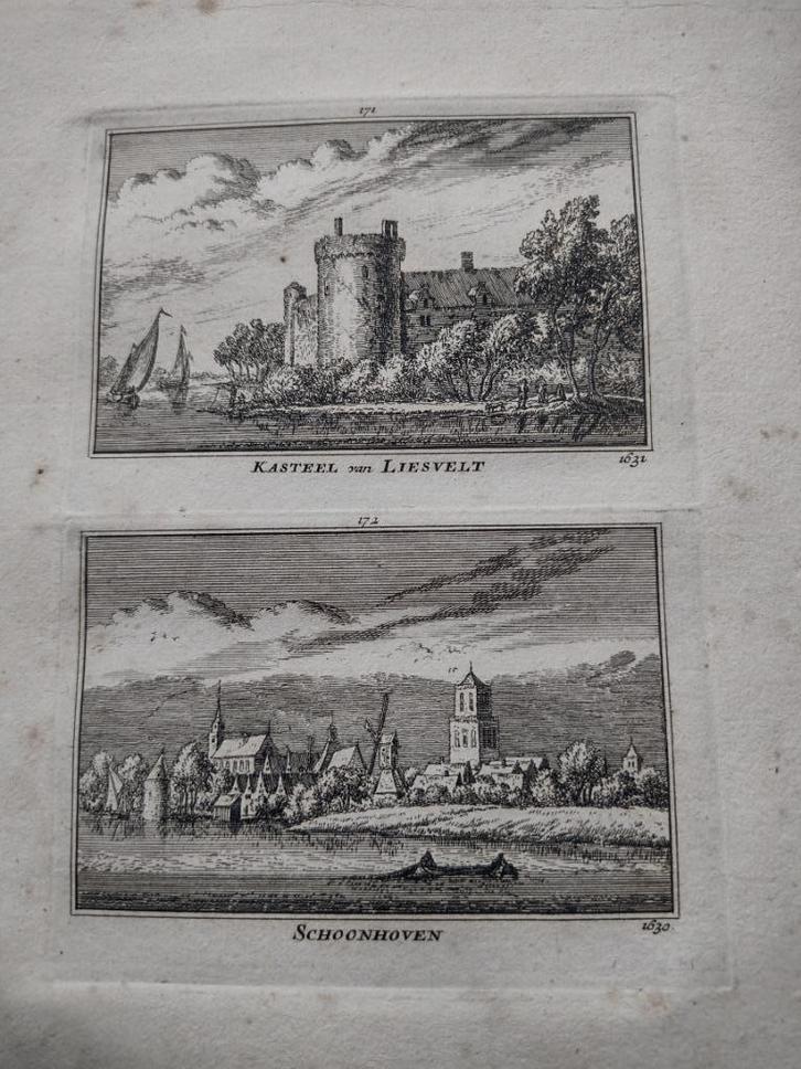 171/172 Schoonhoven en Liesveld het Kasteel Kopergravure dl3, Antiek en Kunst, Kunst | Etsen en Gravures, Ophalen of Verzenden