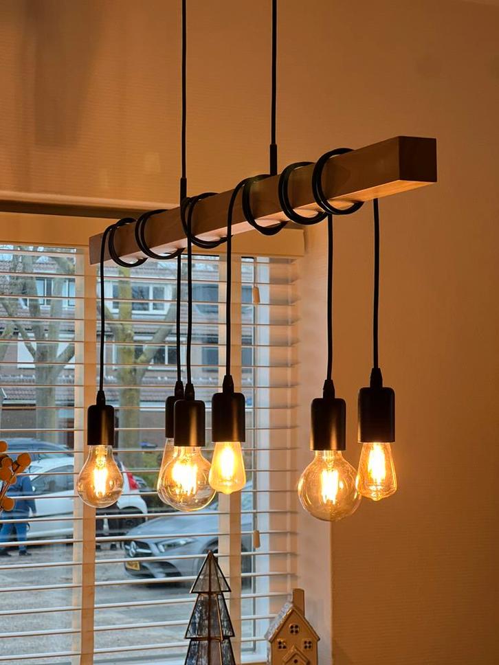 Stijlvolle eetkamer hanglamp (hout/zwart), Huis en Inrichting, Lampen | Hanglampen, Zo goed als nieuw, Minder dan 50 cm, Hout
