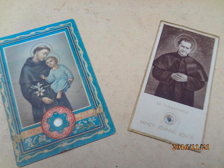 2 prent kaartjes + reliqie St Antoni / Sancti Joannis Bosco, Verzamelen, Religie, Gebruikt, Christendom | Katholiek, Kaart of Prent