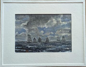 "Zeilboten aan de horizon" Ingelijst schilderij    beschikbaar voor biedingen