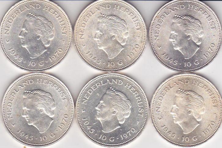 TIEN GULDEN MUNTEN 1970 ZES STUKS ZILVER, Postzegels en Munten, Munten | Nederland, 10 gulden, Koningin Juliana, Zilver, Verzenden