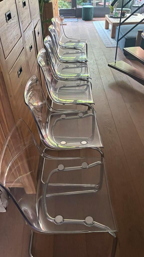 6 IKEA Tobias Eetkamerstoelen - Transparant, Huis en Inrichting, Stoelen, Zo goed als nieuw, Vijf, Zes of meer stoelen, Kunststof