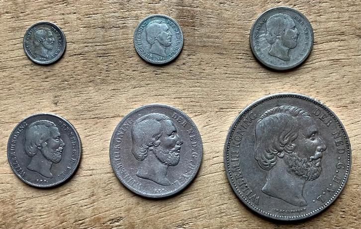 setje verschillende munten Willem III (1850-1874), Postzegels en Munten, Munten | Nederland, Setje, 2½ gulden, Koning Willem III