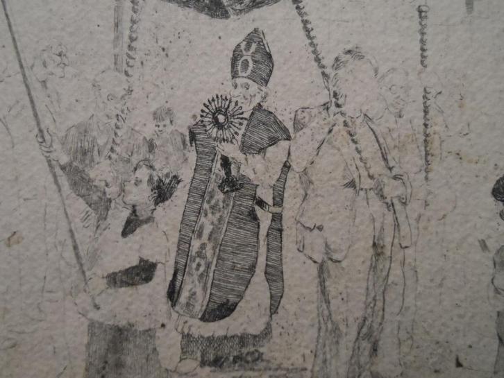 Gedetailleerde tekening kerkuitgang Bisschop met monstrans, Antiek en Kunst, Antiek | Religie, Ophalen of Verzenden