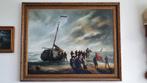 Schilderij Scheveningse bomschuit op strand en figuren SCH11, Antiek en Kunst, Ophalen