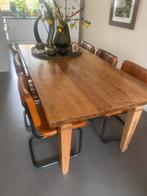 Eikenhouten tafel + 6 cognac lederen stoelen, Huis en Inrichting, Ophalen, Gebruikt, Eikenhout, 200 cm of meer