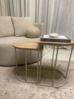 Japandi / eiken beige/grijze bijzet/salon tafels nieuw, Ophalen, Minder dan 55 cm, Rond, Zo goed als nieuw