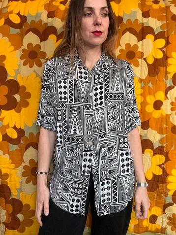 Vintage blouse - print - zwart/wit - 80’s/90’s - M/38/medium