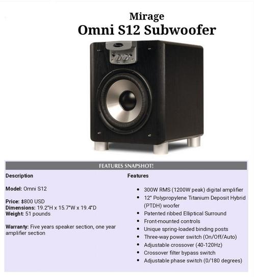 Mirage Omni-S12 Subwoofer, Audio, Tv en Foto, Luidsprekers, Zo goed als nieuw, Subwoofer, 120 watt of meer, Overige merken, Ophalen of Verzenden