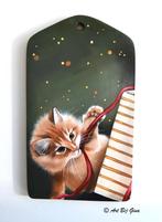 Schattige kitten pakt uit, hand geschilderd op een plankje, Ophalen of Verzenden