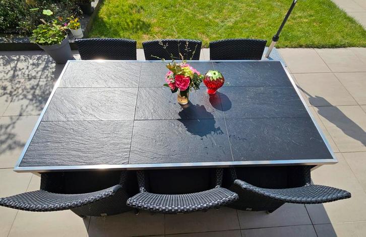Mooie antraciet rvs Tuinset met Tafel, Stoelen en tafeltje, Tuin en Terras, Tuinsets en Loungesets, Zo goed als nieuw, Tuinset
