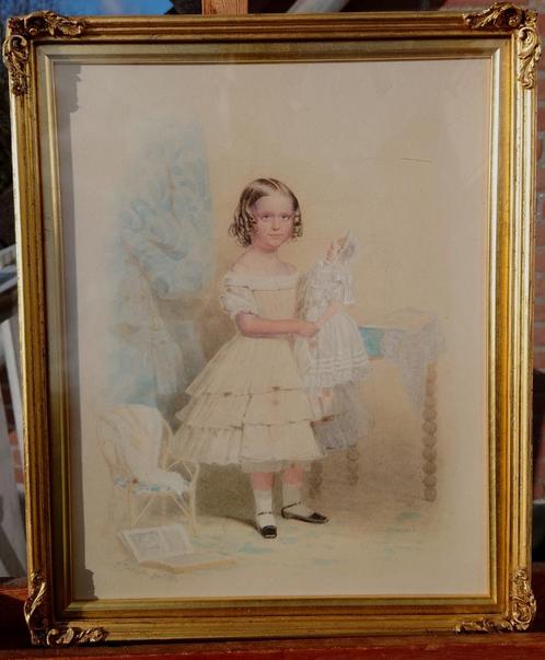 Percy Carpenter (1820–1895) Meisje met pop 1845 aquarel, Antiek en Kunst, Kunst | Schilderijen | Klassiek, Ophalen of Verzenden