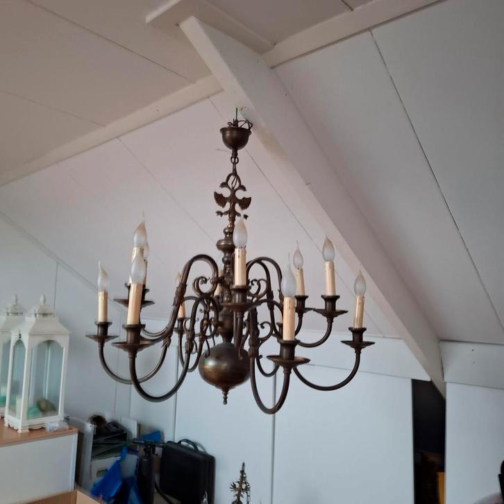 Koperen Kroonluchter - 12 Armen, Huis en Inrichting, Lampen | Kroonluchters, Ophalen of Verzenden