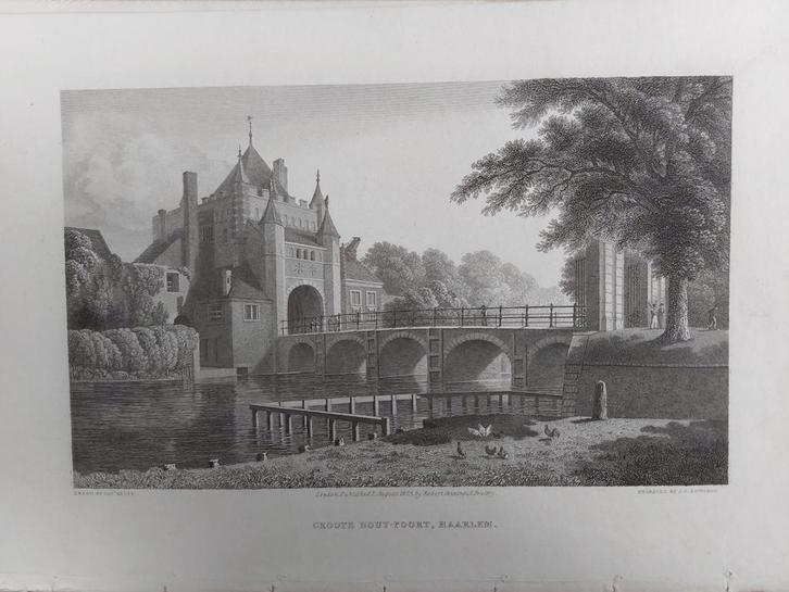 1 / Groote Hout-Poort Grote Houtpoort Haarlem Gravure 1825, Antiek en Kunst, Kunst | Etsen en Gravures, Ophalen of Verzenden
