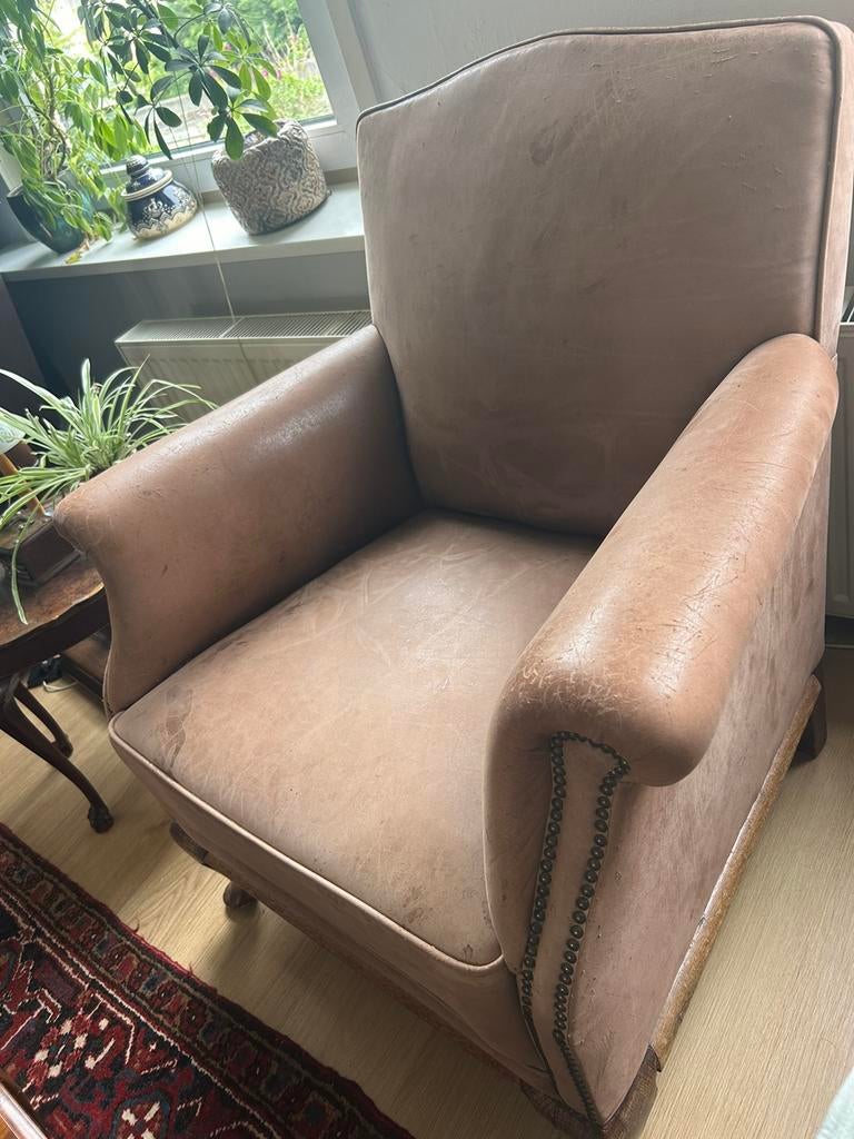 Schapenleren stoel, Huis en Inrichting, Fauteuils, Gebruikt, Leer, 75 tot 100 cm, 75 tot 100 cm, Ophalen