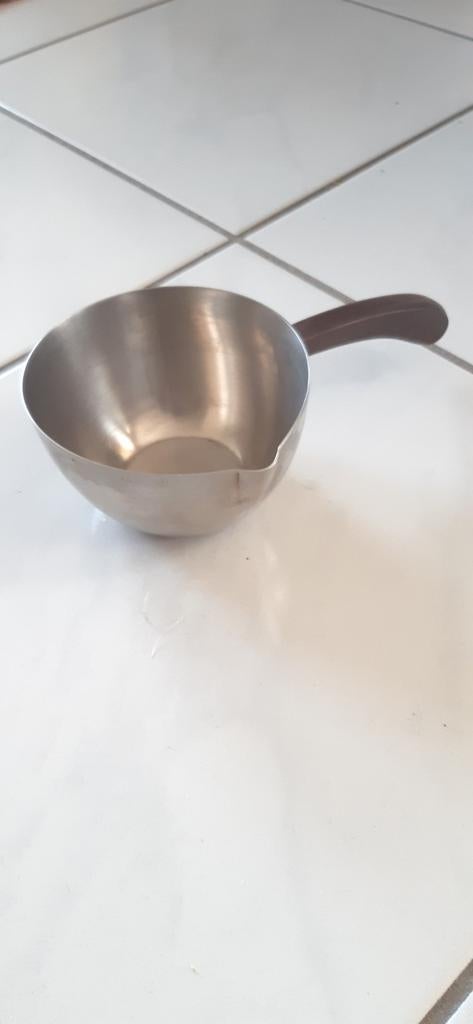 Klein RVS kommetje m gebogen houten steel , deens ontwerp., Ophalen of Verzenden, Zo goed als nieuw, Rvs, Overige typen