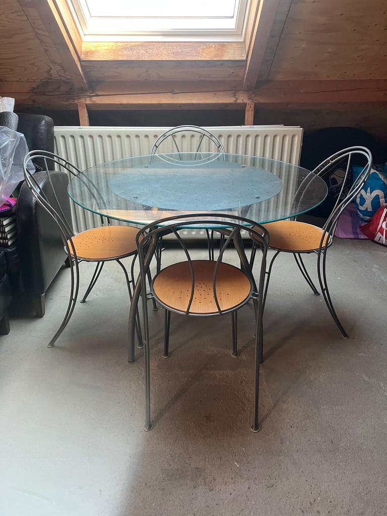 Vintage Ikea Pajala glazen tafel en stoelen, Huis en Inrichting, Tafels | Eettafels, Ophalen, Gebruikt, 100 tot 150 cm, Rond