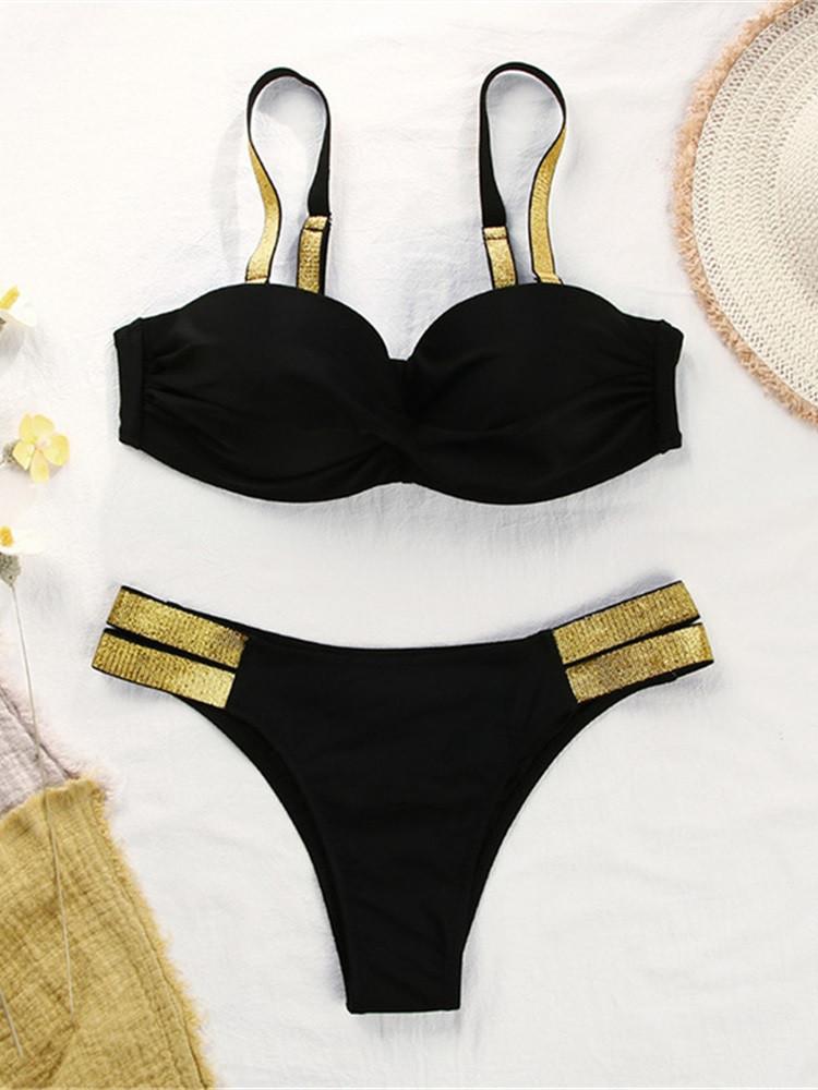 Goud zwarte push up bikini badpak brazilian dames vrouwen, Verzenden, Nieuw, Zwart, Bikini
