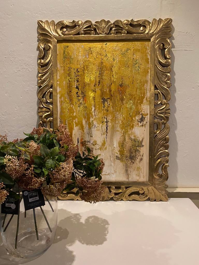 Schilderij in oude uitgewerkte lijst goud beige taupe VdlM, Ophalen