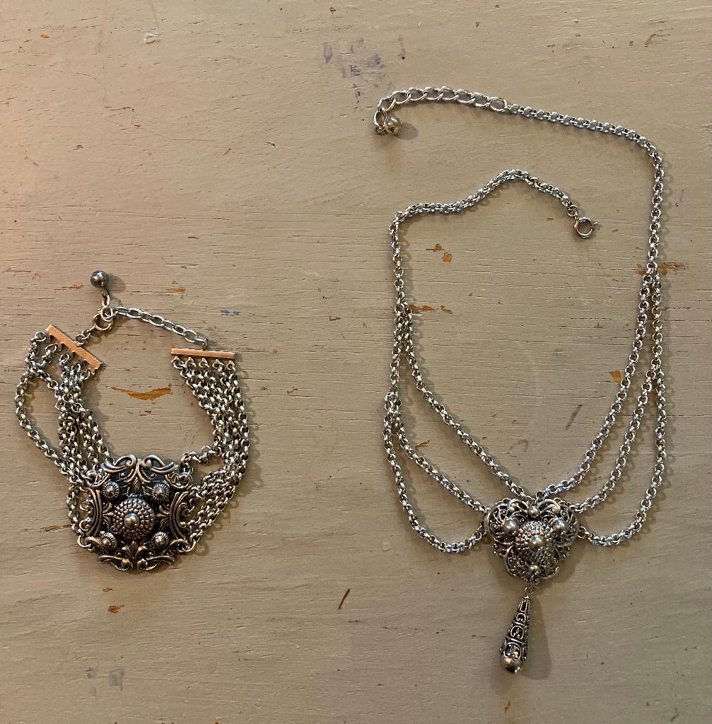 Victoriaanse sieraden boho ketting armband set verzilverd, Ophalen of Verzenden, Overige materialen, Armband