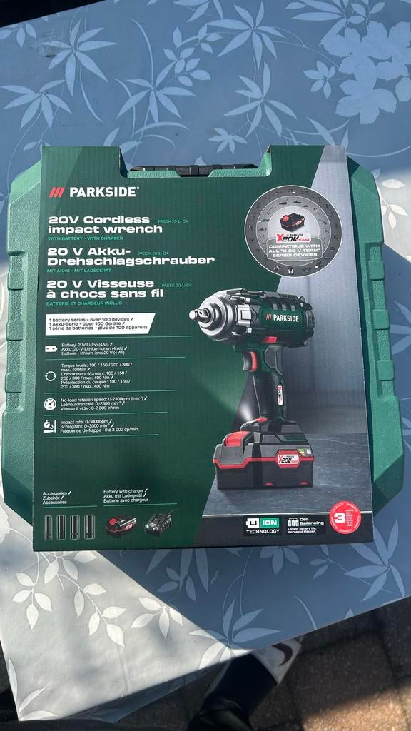 Parkside 20V Accu Slagmoersleutel - Nieuw in doos, Ophalen of Verzenden, Nieuw, Minder dan 700 watt, Haakse handslijpmachine