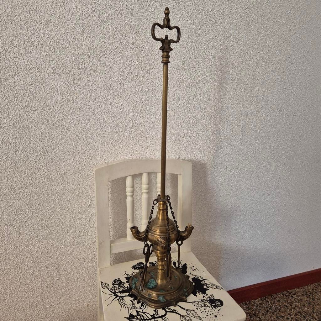 Antieke koperen florijnse olielamp 'snotneus', Ophalen of Verzenden