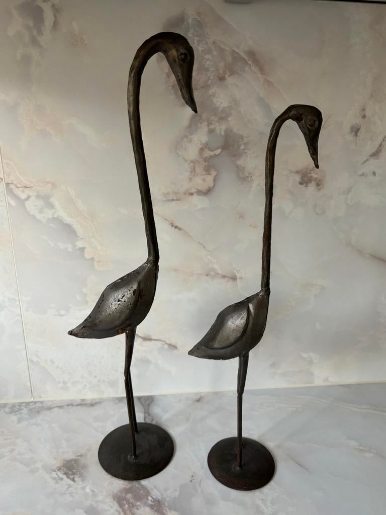 Roestbruin metalen vogel decoratie- kraanvogels, Metaal, Gebruikt, Decoratieobject, Ophalen of Verzenden