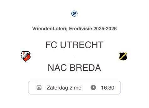 FC Utrecht - NAC kaartjes (2 mei 16:30) vakken X en O, Tickets en Kaartjes, Losse kaart, Twee personen, Mei