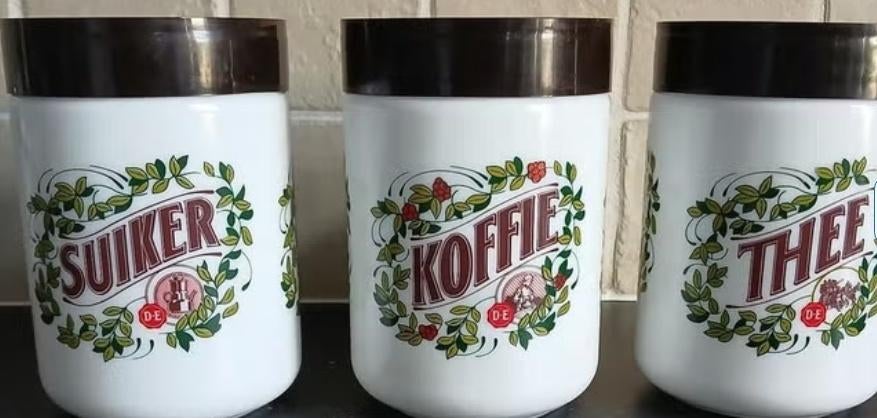 Douwe Egberts vintage glazen voorraadpotten koffietheesuiker, Ophalen of Verzenden, Zo goed als nieuw