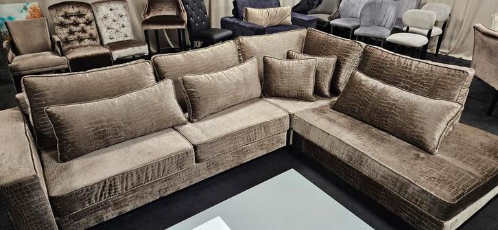 LUXE hoekbank in croco & velvet stoffen met €500 korting, Huis en Inrichting, Banken | Complete zithoeken, Nieuw, Stof, Ophalen of Verzenden