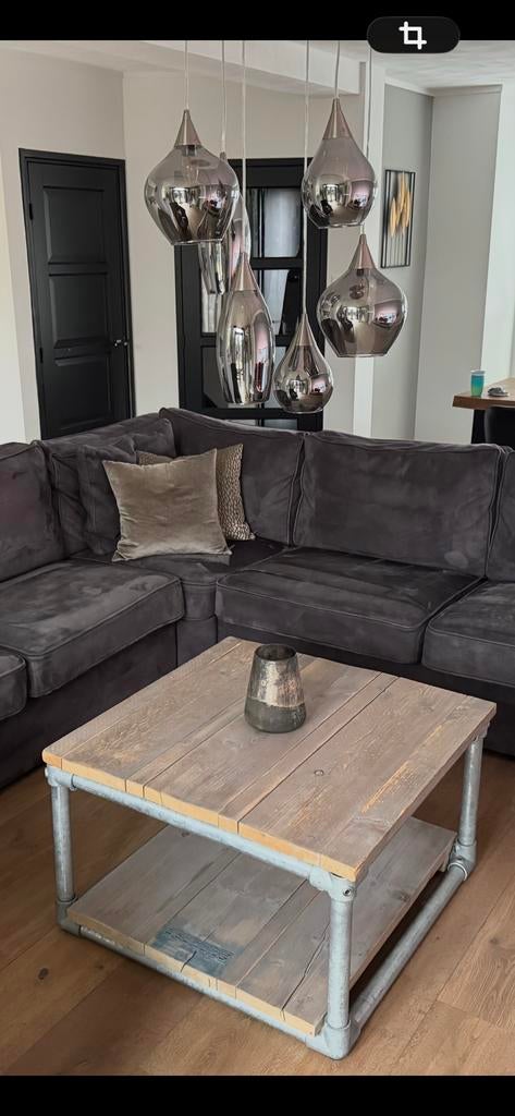 Salontafel van steigerhout en steigerbuizen, Huis en Inrichting, Tafels | Salontafels, Ophalen, Gebruikt, 50 tot 100 cm, Vierkant