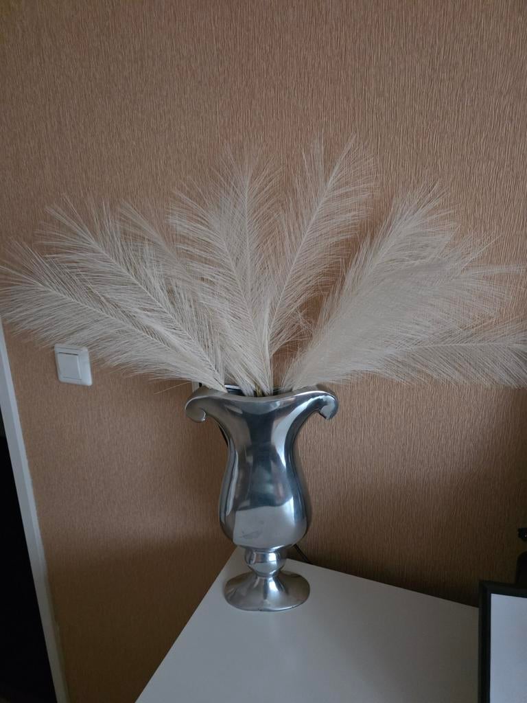 Zilveren vaas met witte pluimen, Ophalen, Overige materialen, Overige kleuren, 50 tot 75 cm