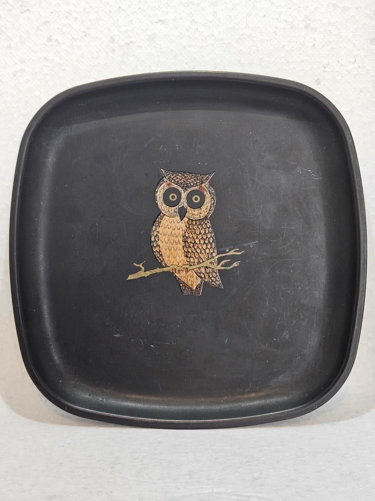 Vintage kunststof artisan Couroc dienblad uil bord schaal, Kunststof, Gebruikt, Couroc, Vierkant