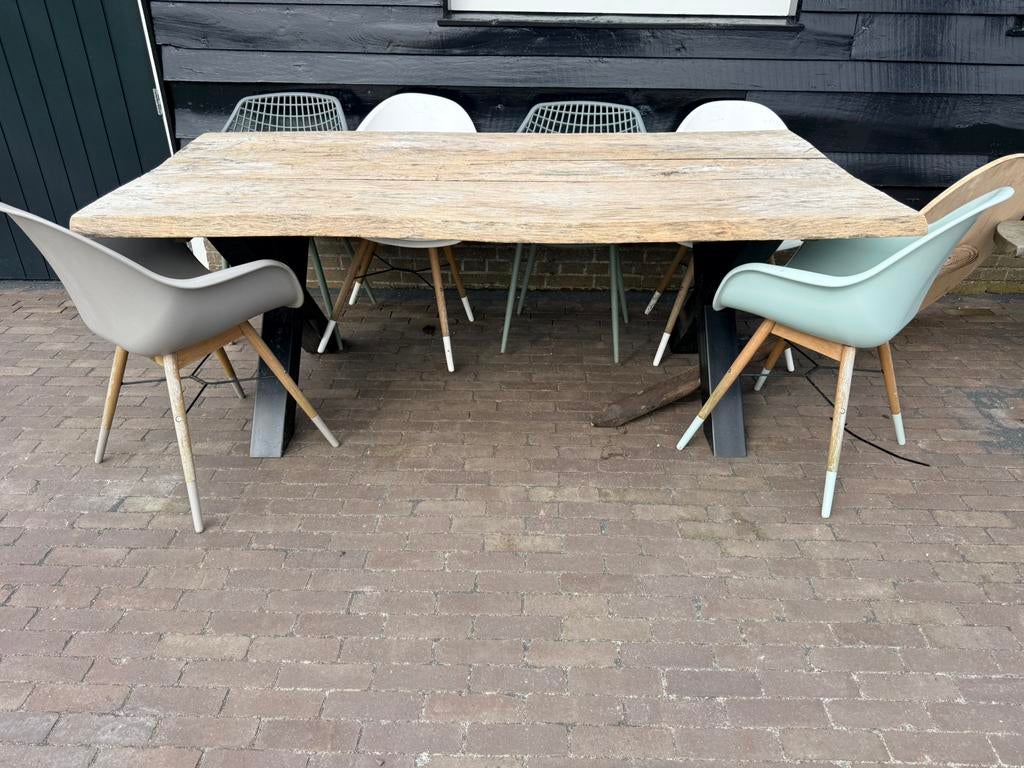 Eikenblad met zwart stalen poten tuintafel + 6 stoelen, Ophalen, Zo goed als nieuw, Rechthoekig, Hout