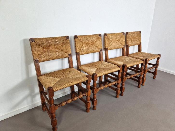 Vintage Franse eetkamerstoelen | Eiken en Riet, Huis en Inrichting, Stoelen, Gebruikt, Vier, Hout, Riet of Rotan, Bruin, Ophalen