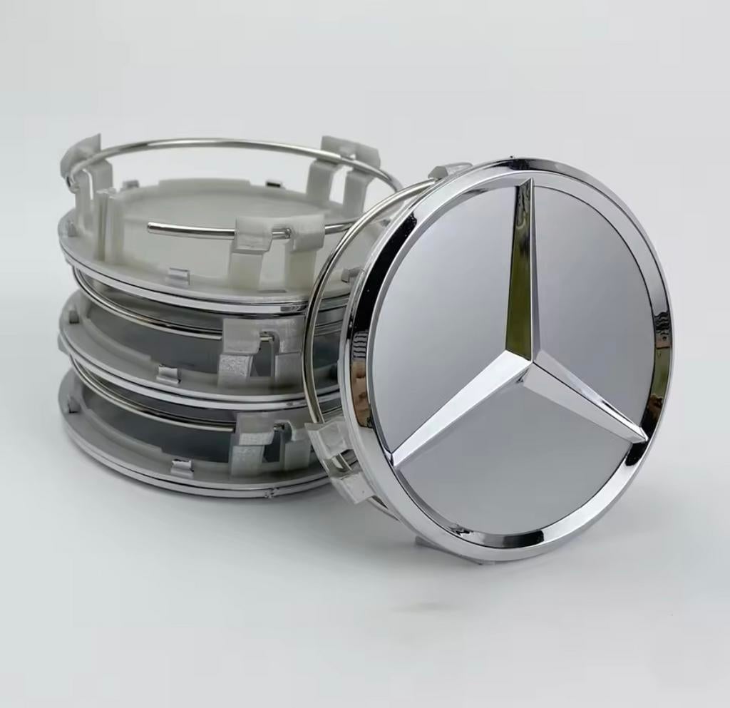 Set naafdoppen 75 mm Mercedes (4 stuks) nieuw zilver, Auto diversen, Verzenden, Nieuw
