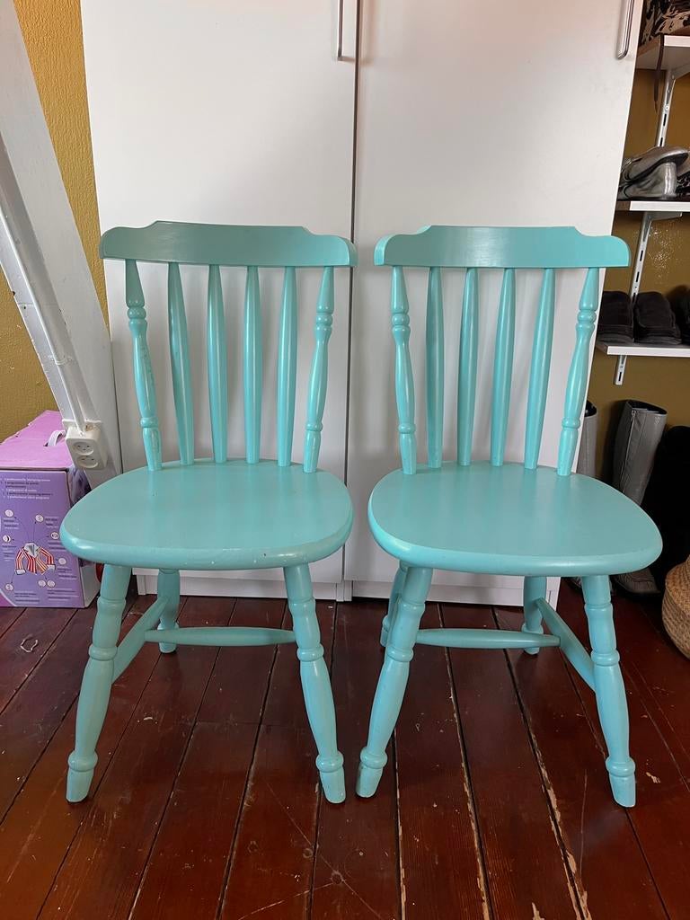 Vintage houten stoelen blauw, Huis en Inrichting, Stoelen, Ophalen, Gebruikt, Twee, Blauw